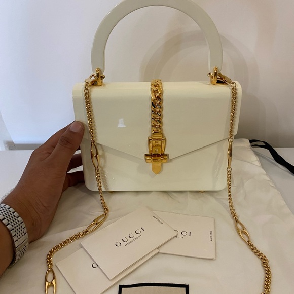 New GUCCI Plexiglass Mini Sylvie 1969 Top Handle Ivory White Chain Shoulder Bag - Picture 12 of 14